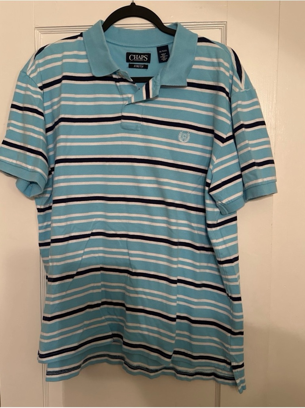 Chaps Men’s Light Blue Polo with Navy and White Stripes